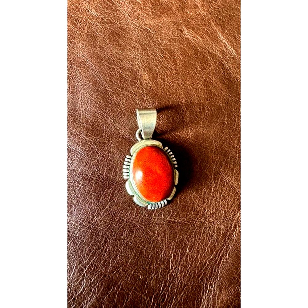 Navajo Sterling Silver Orange Red Cabochon Pendant Signed Hallmark Southwest